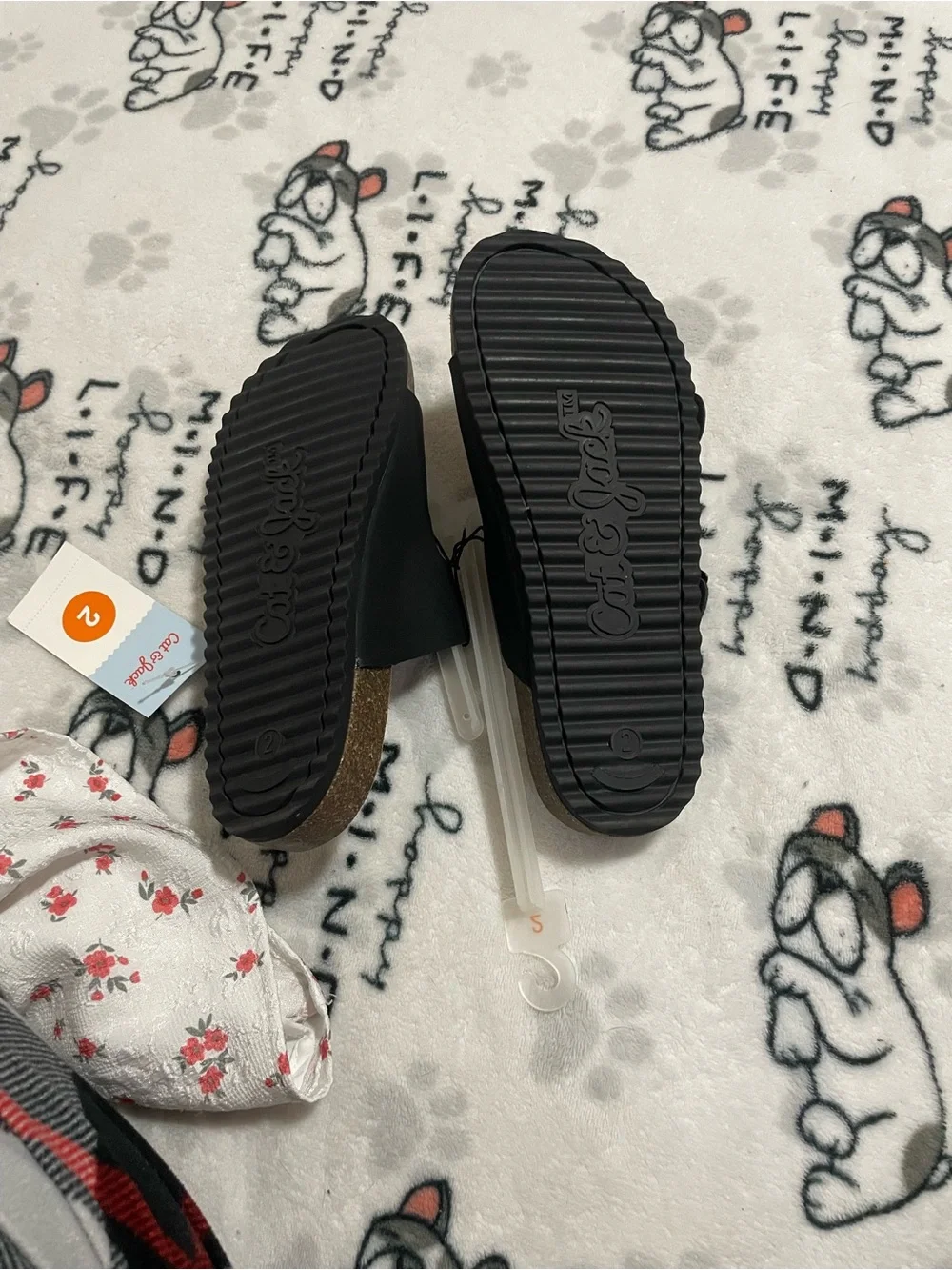 Cat & Jack Black Double Buckle Slide Sandals with Tan Footbed